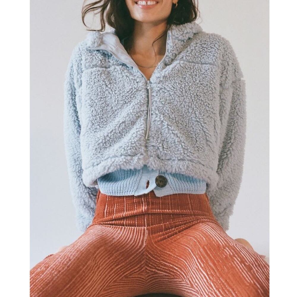 New BDG Blue Hooded Cropped Teddy Jacket Women's Size M